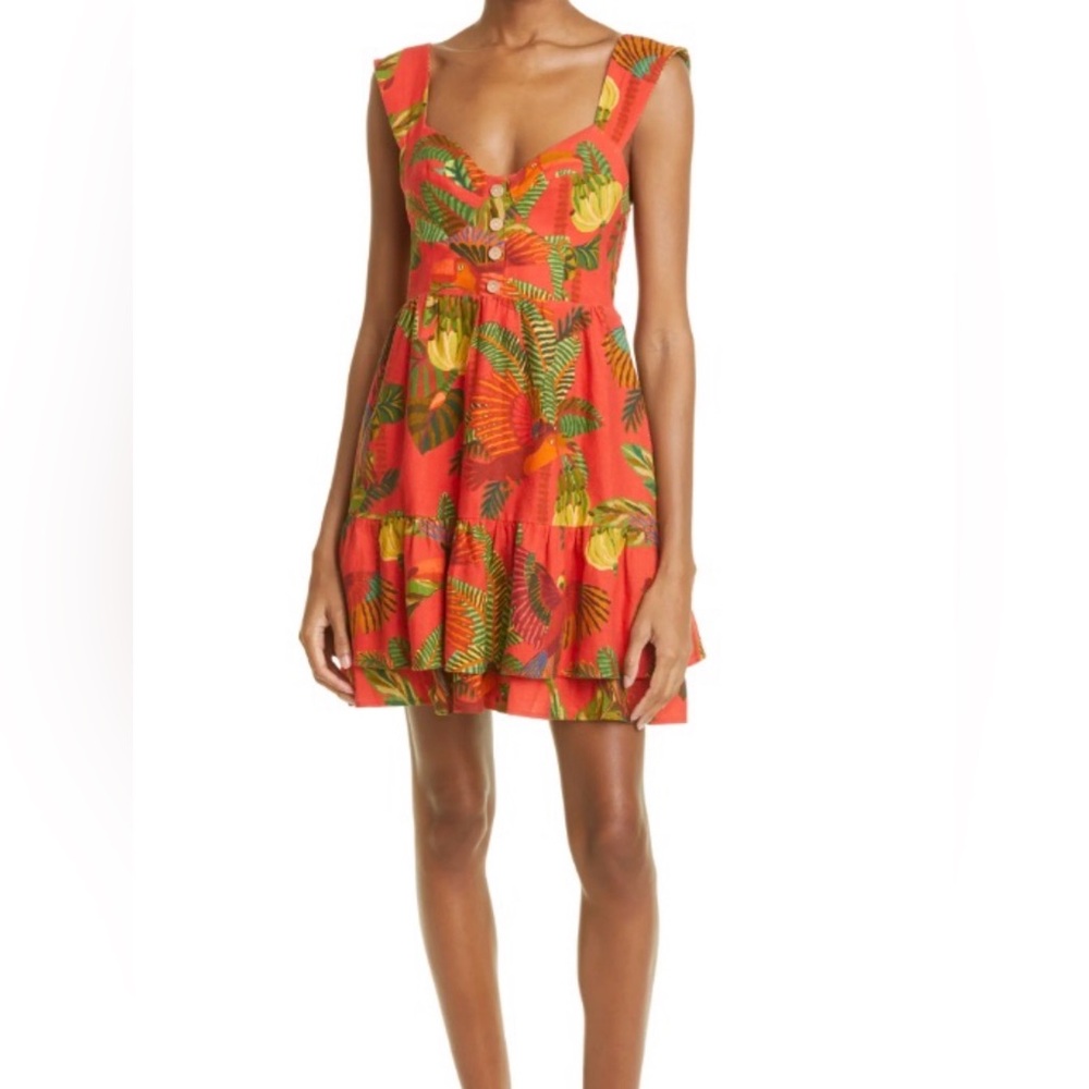 Farm Rio Red Forest Birds Tropical Linen Mini Dress